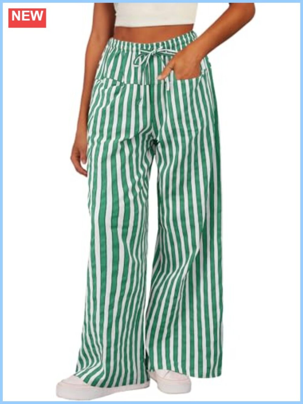Women's Drawstring Elastic Waist Wide Leg Striped Palazzo Pants with Pockets
